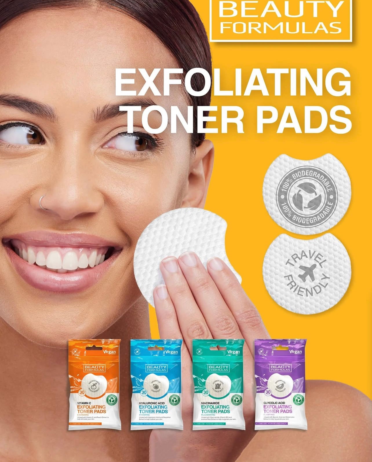 Beauty Formulas – Disques Exfoliants illuminant à la Vitamine C (30 pads)